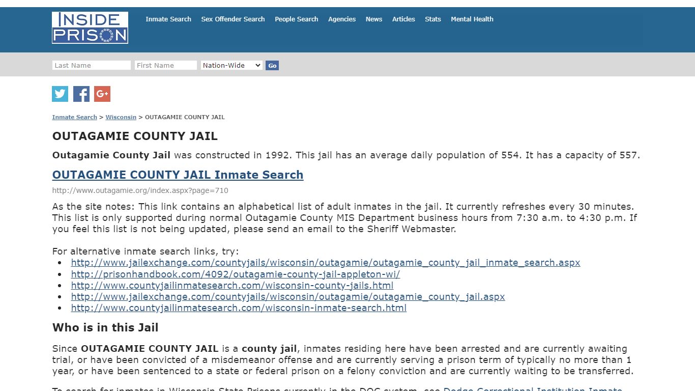 OUTAGAMIE COUNTY JAIL - Wisconsin - Inmate Search - Inside Prison